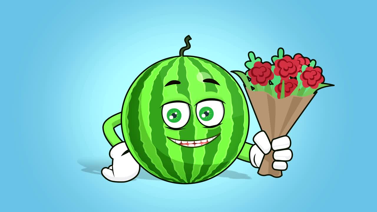 animación de cara de sandía de dibujos animados da un ramo de flores con luma mate