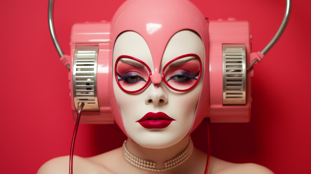 여성 기술 헤드폰과 우주 시대 vr 헤드은 ai로 만들어졌습니다.