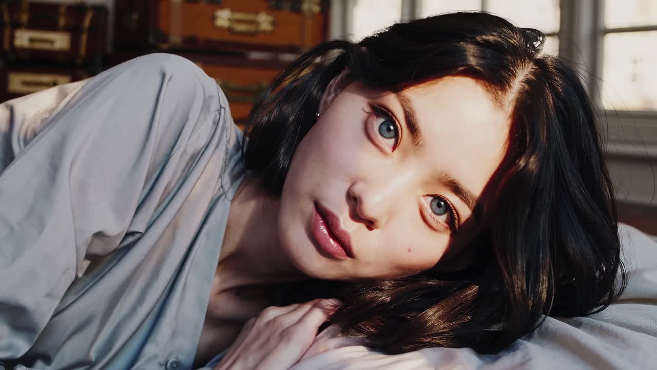 침실에서 침대에 누워있는 여자