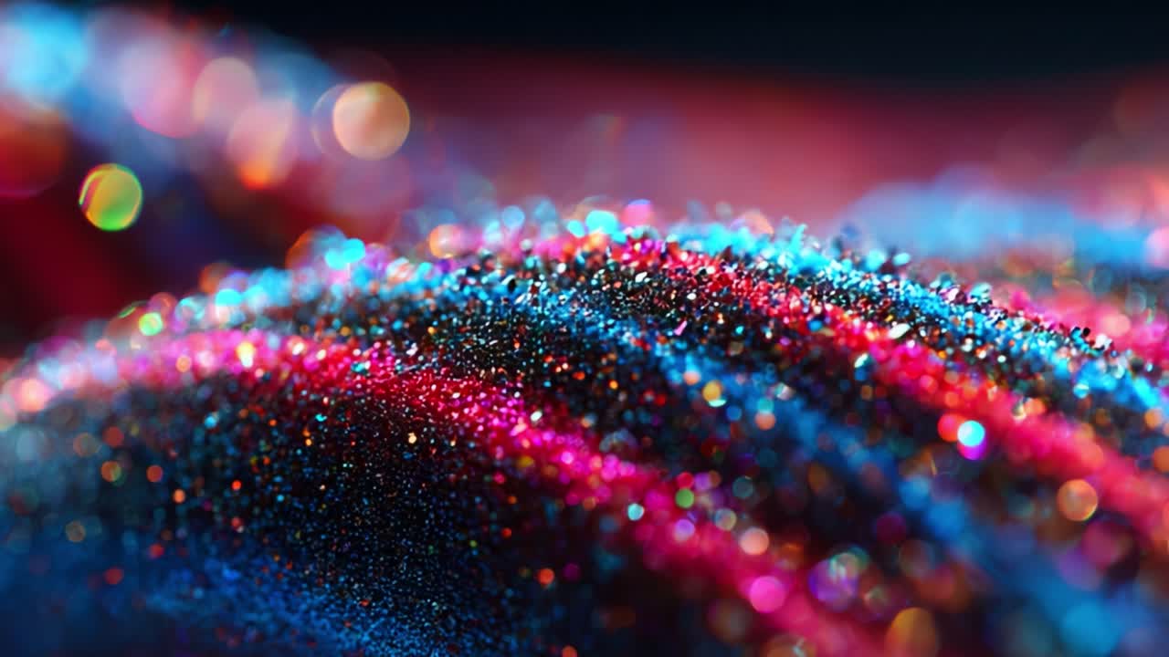 Vibrant Textures: A Mesmerizing Close-Up of Colorful Glittering Particles and Shimmering Surface Undulations Captured in a Stunning Macro Photography Perspective