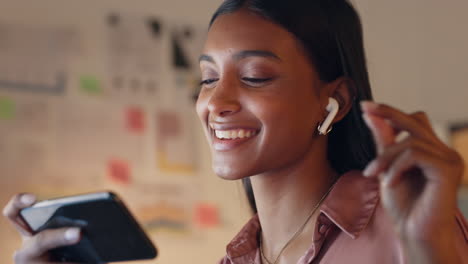 Woman,-phone-and-music-earphones-for-dance-break