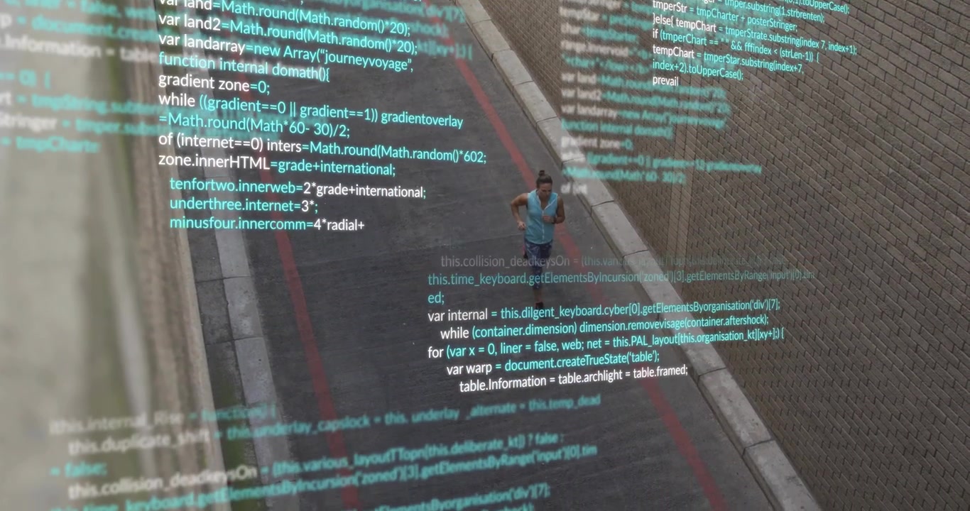 Female runner emerging from alley activating code overlay while jogging toward camera for tech demo