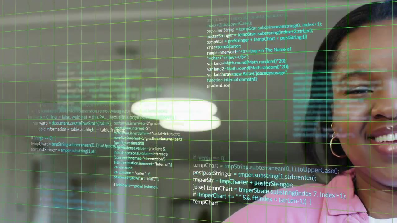 Woman entering right frame, reacting to offscreen prompt as grid and code intensifying, smiling