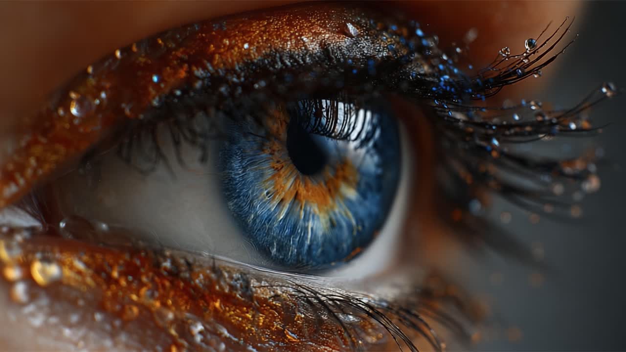 A Stunning Close-Up of an Eye with Vibrant Blue and Golden Tones Enhanced by a Shimmering Gloss, Showcasing Intricate Details and Textures