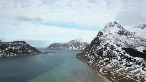 Aerial-view-of-fjord-coastline,-Lofoten-Islands,-Norway---Drone-4k
