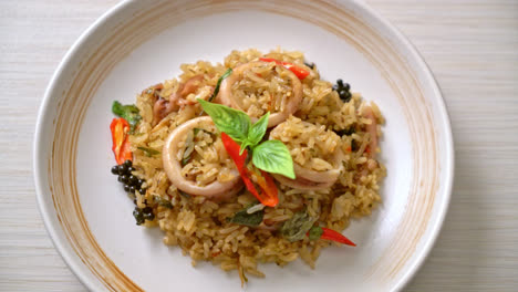 homemade basil and spicy herb fried rice with squid or octopus - asian food style