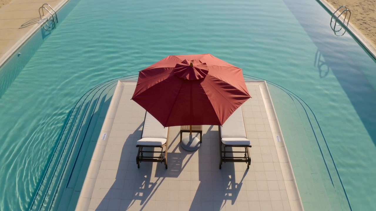 Un drone che zooma mostra la piattaforma centrale della piscina del resort con un ombrellone rosso e due sedie, per mostrare le increspature.