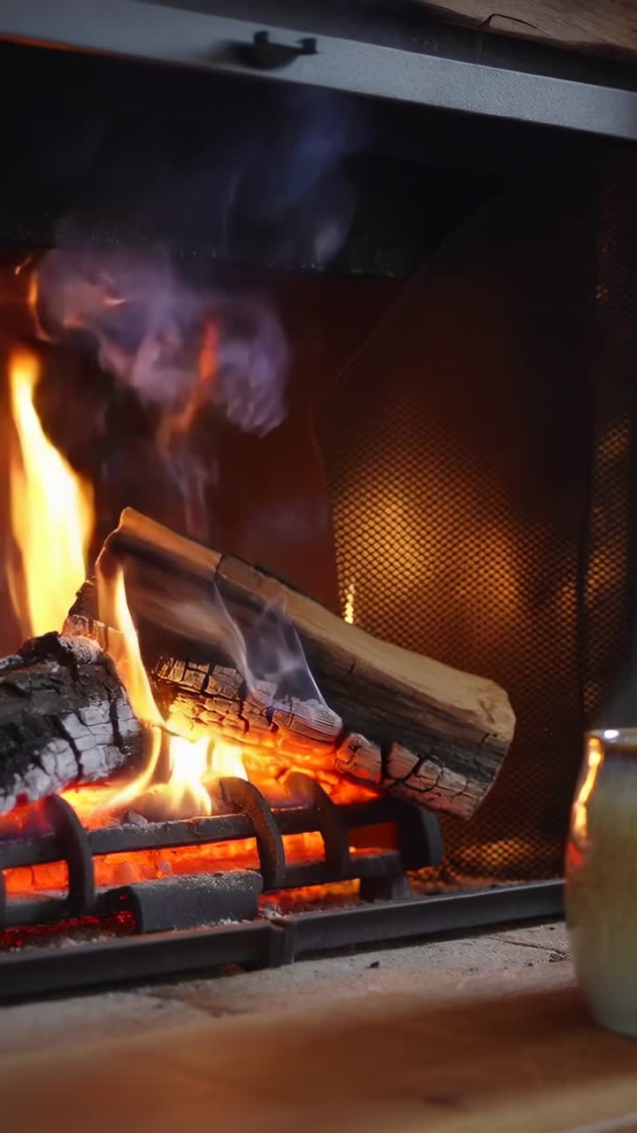 Vertical video: Flames licking base of logs on grate with smoke curling through screen at fireplace