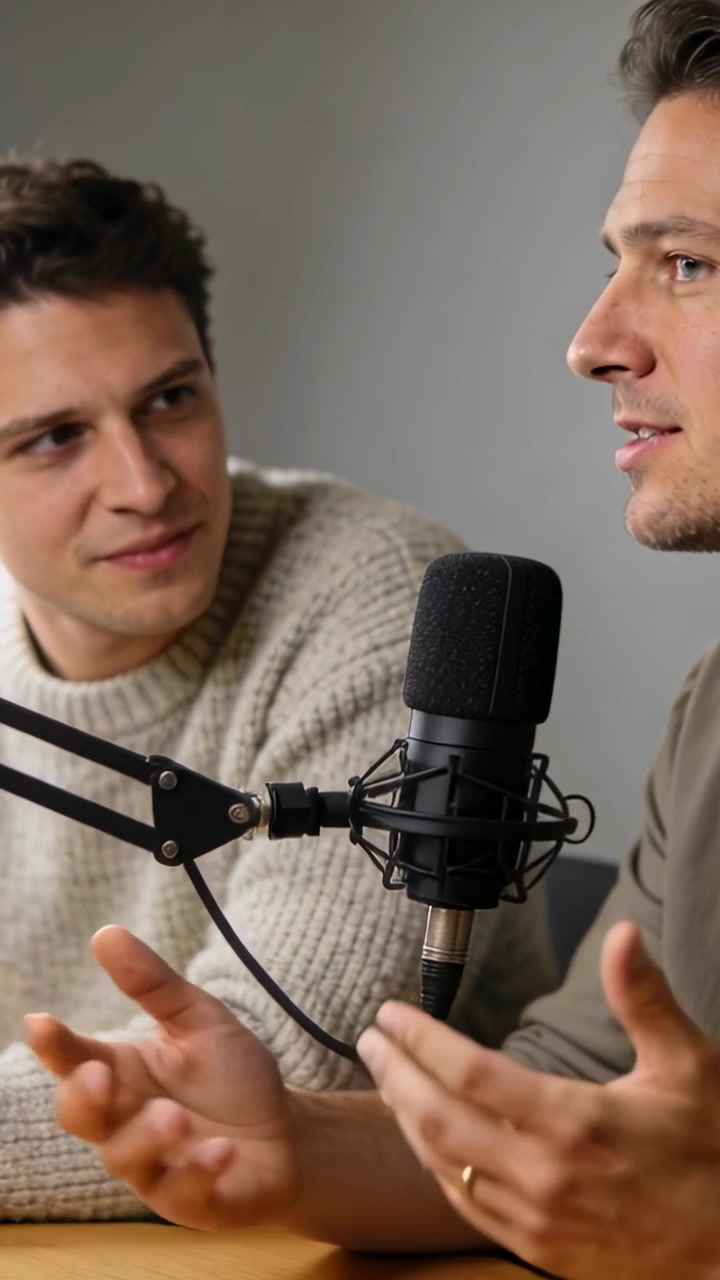 Due co-conduttori uomini seduti a un tavolo in studio, l'uomo a destra parla e gesticola nel microfono