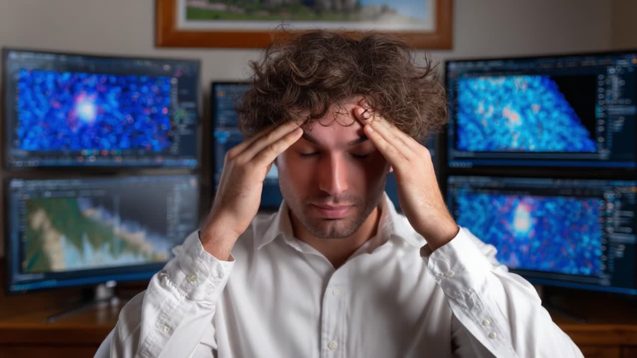 A Frustrated Individual Experiencing Overwhelm While Working on Multiple Computer Screens, Struggling with Stress and Anxiety in a Modern Work Environment