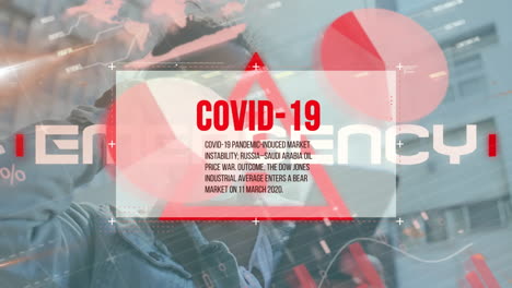 animación del procesamiento de datos de covid-19 sobre el triángulo de advertencia y la mujer con máscara facial