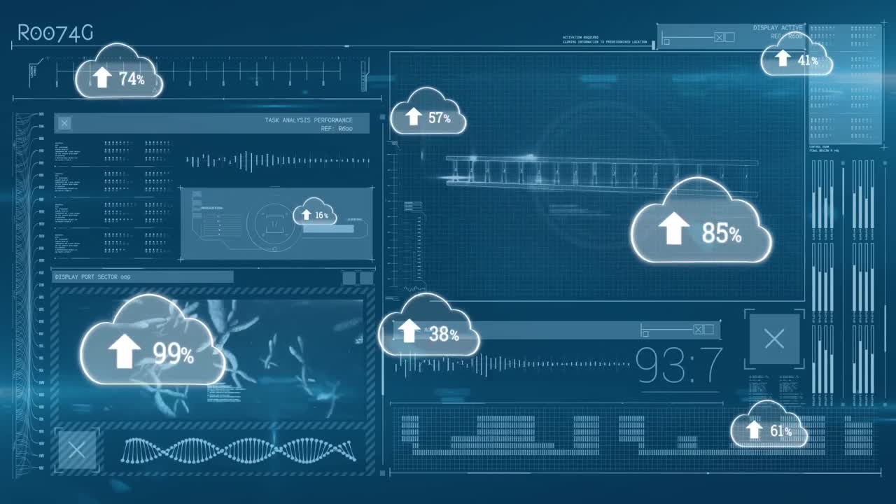 Animation of cloud icons and data processing over dark background