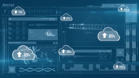 Animation-Von-Wolkensymbolen-Und-Datenverarbeitung-Auf-Dunklem-Hintergrund