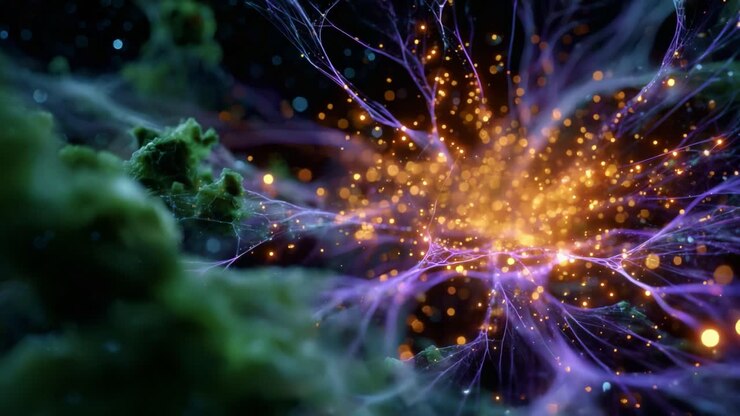 A stunning visualization of interconnected neural networks producing vibrant energy, showcasing the beauty of biological processes at a microscopic level