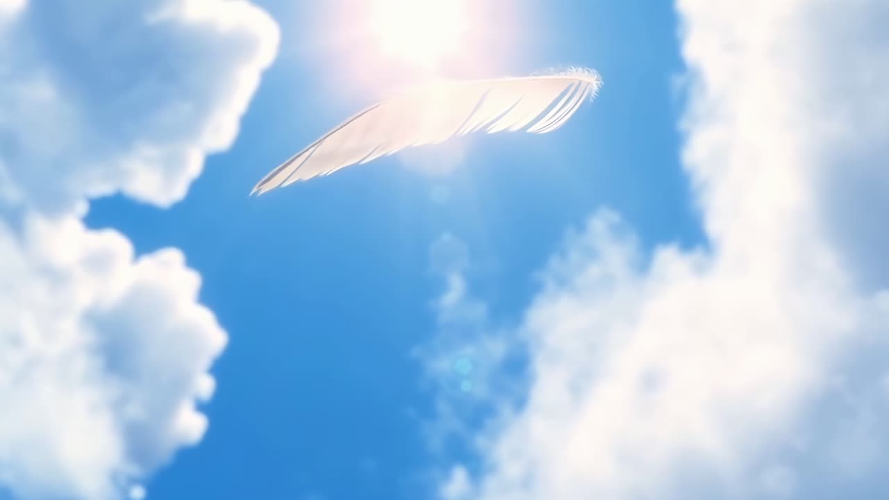En fjer svæver stille og roligt mod en strålende blå himmel, fanget fra en lav engel i en rolig video, Live