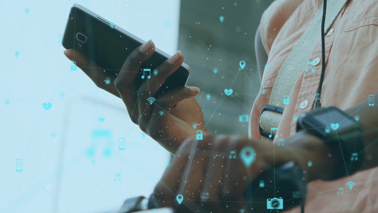 Using smartphone and smartwatch, person interacting with digital icons animation