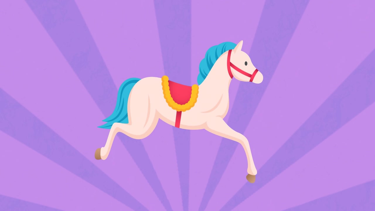 Animated Cartoon Horse Galloping Against a Purple Sunburst Background