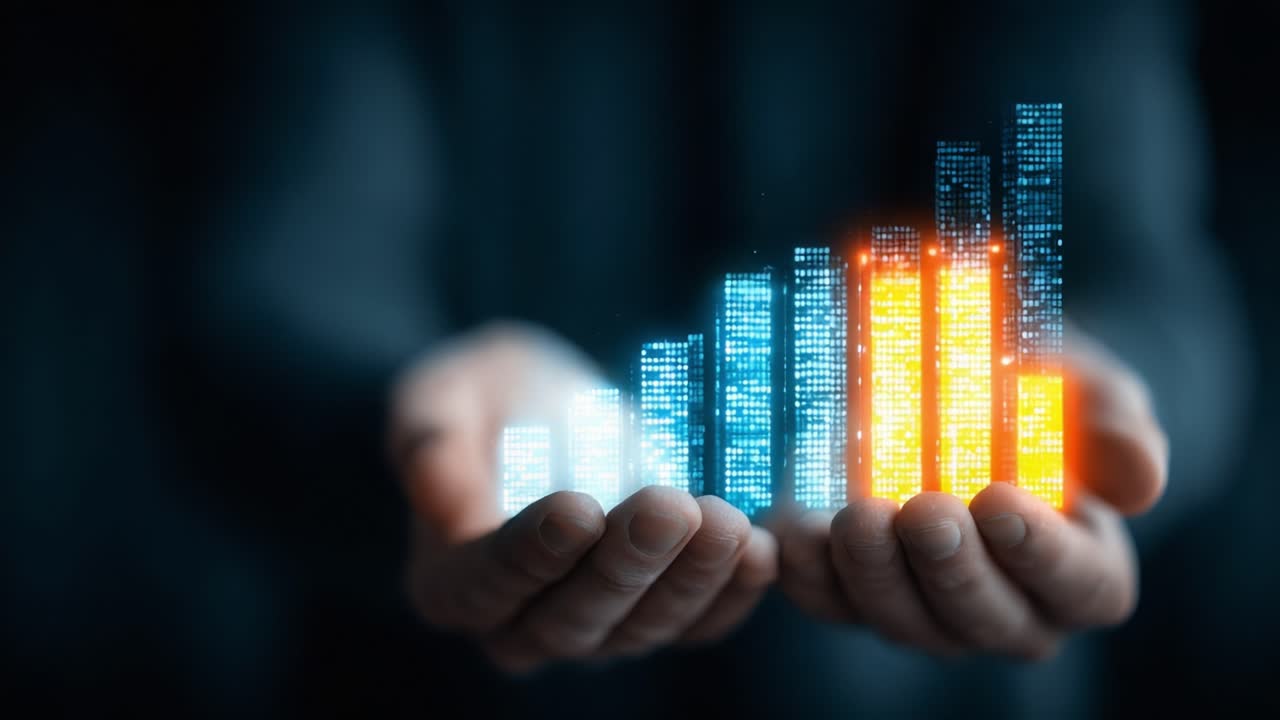 Visualizing Growth: A Digital Representation of Data Trends with Rising Bar Graphs Illuminated in Vivid Colors Held in Outstretched Hands