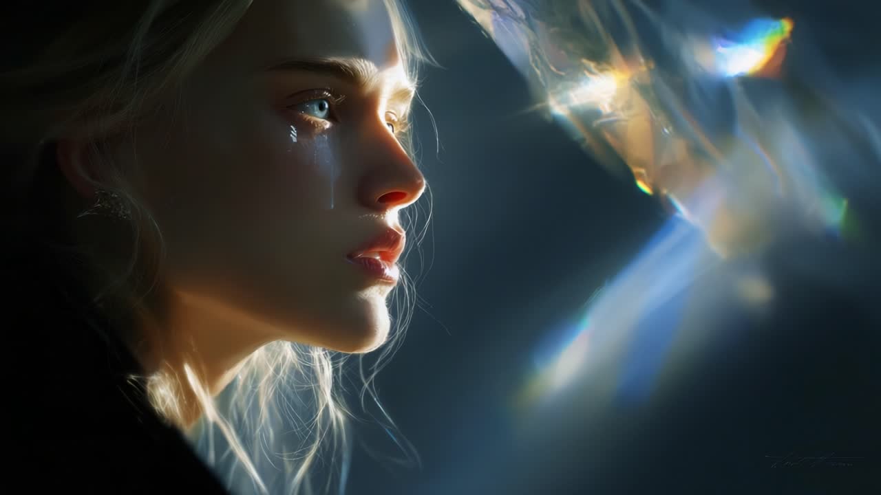 A hauntingly beautiful portrayal of emotion, this artwork captures the essence of a woman's soulful gaze as she reflects on her inner struggles and the light that illuminates her tears