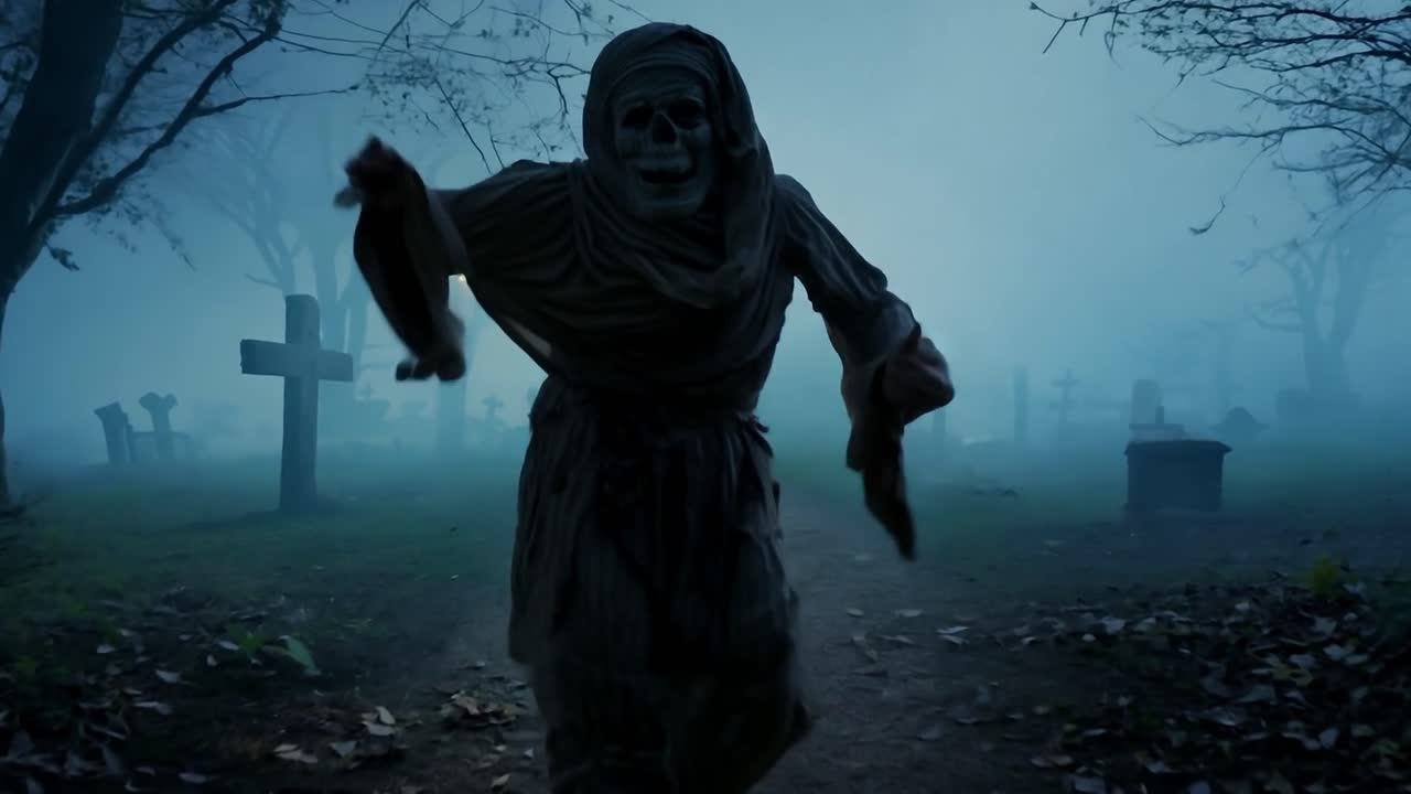 A spooky Halloween scene with a person in a ghost costume walking through a graveyard.