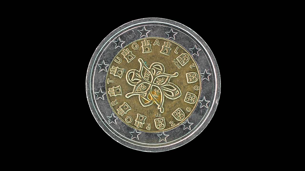 Portugal 2002 2 euro obverse with royal seal and coat of arms design rotating on black background