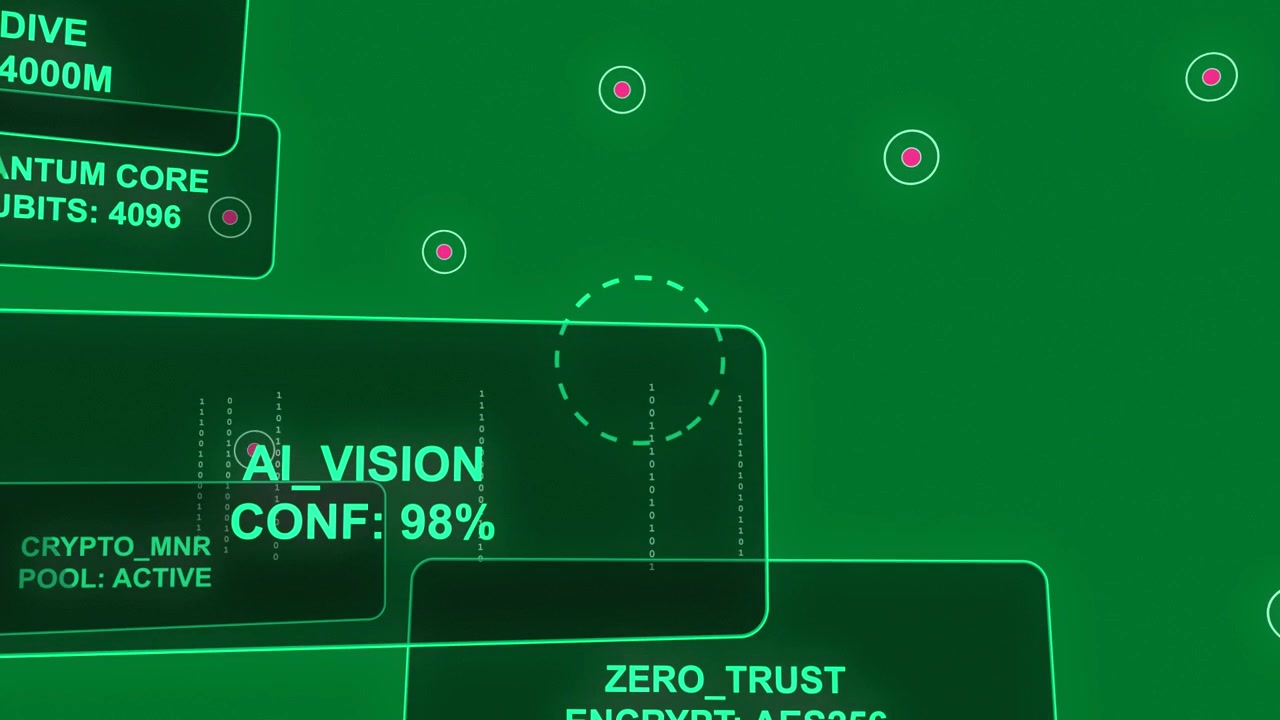 HUD sliding in, streams falling, nodes funneling to target, zero-trust encrypting on transparent bg