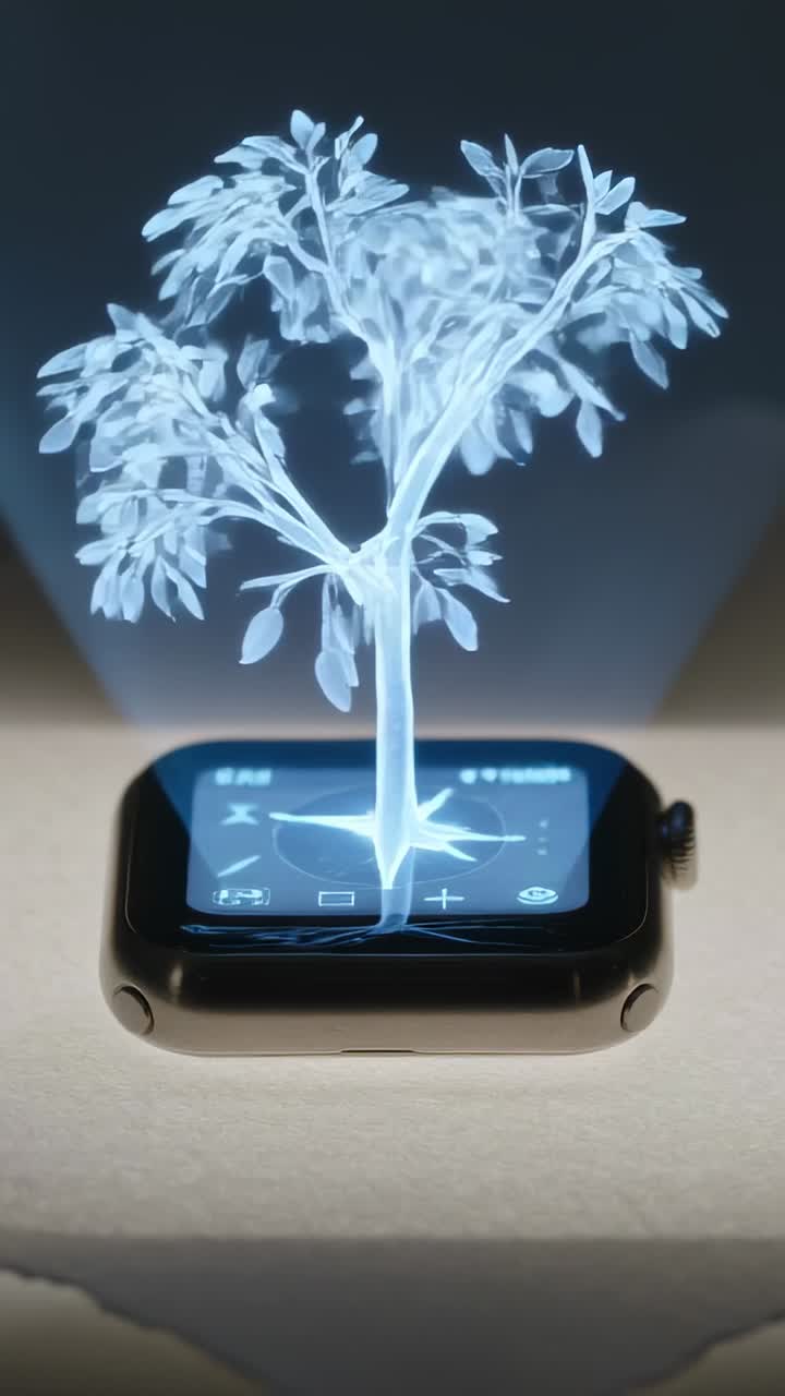 Vertical video: Showing tree holo rising from watch as screen waking on light base showing glyphs