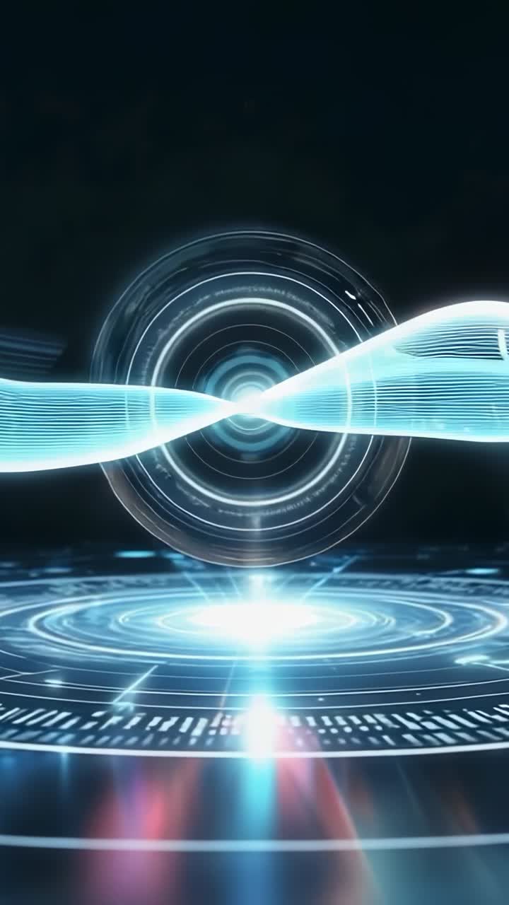 Vertical video: Emitting beam creating hologram in void, with circles, segmented ring and waveform