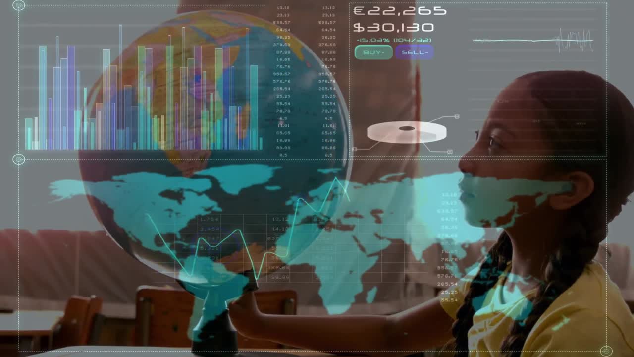 animación del procesamiento de datos sobre la niña mirando el globo