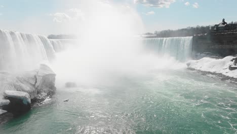 Niagara-falls-in-early-spring,-Drone-ascending-and-tilting-down,-in-4k
