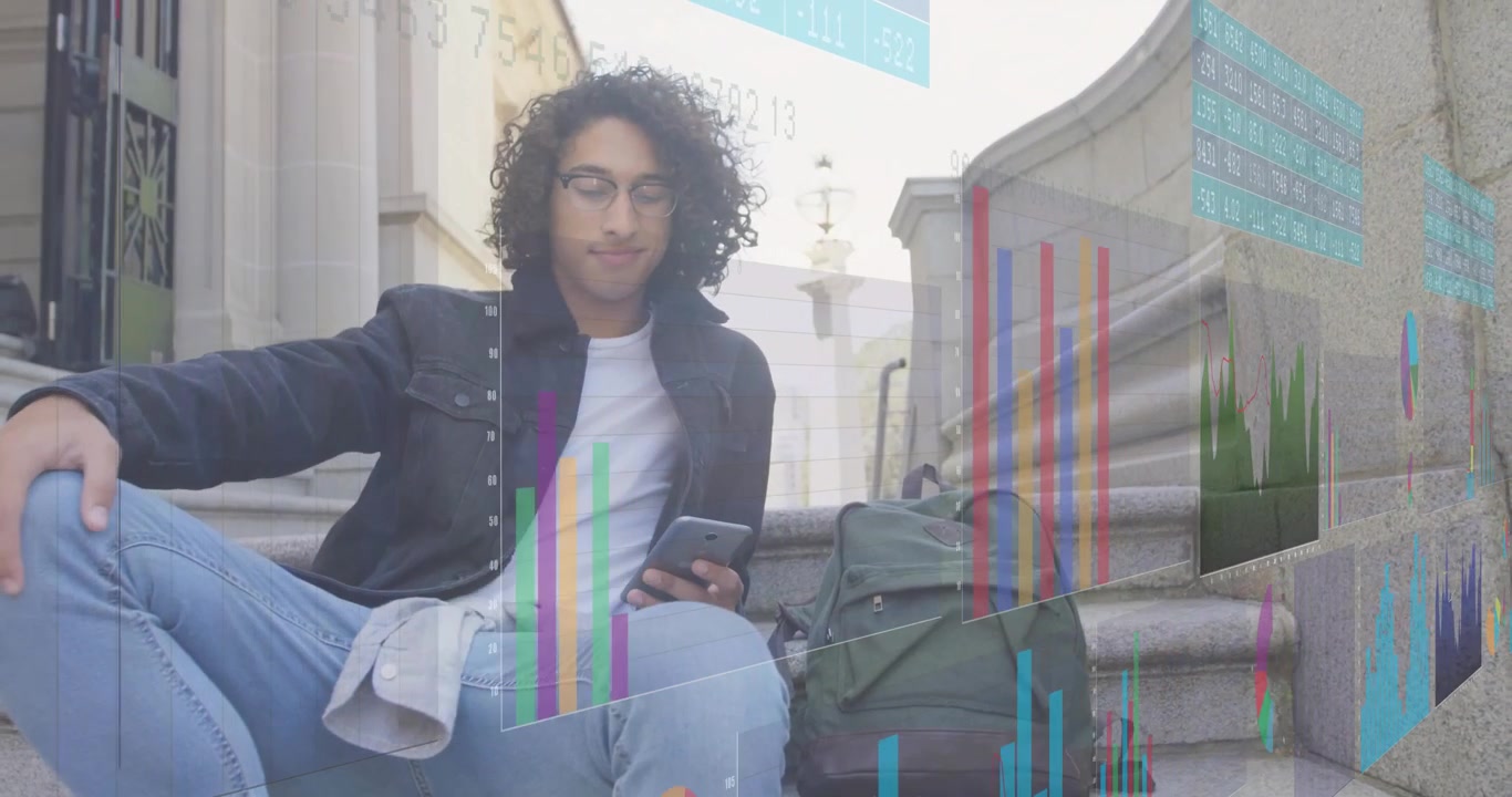 Man unzipping backpack tapping smartphone and generating tech charts analyzing data