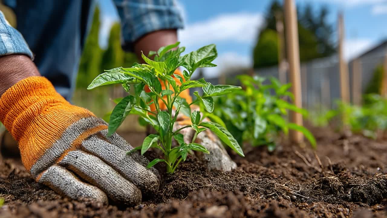 A Gardener's Dedication: Planting Young Pepper Seedlings in Rich Soil Under a Clear Sky, Emphasizing Hands-On Cultivation and Nurturing Nature's Growth