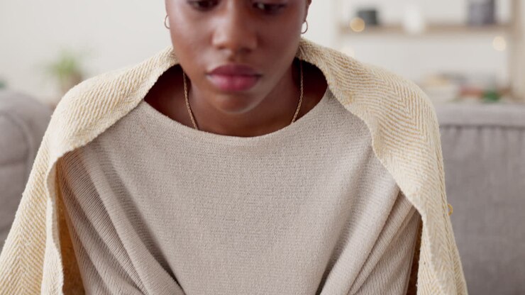 Black woman, face and anxiety with stress