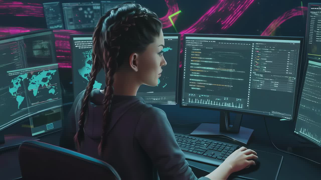 Exploring advanced data analytics and cyber security at a high-tech control center with multiple screens