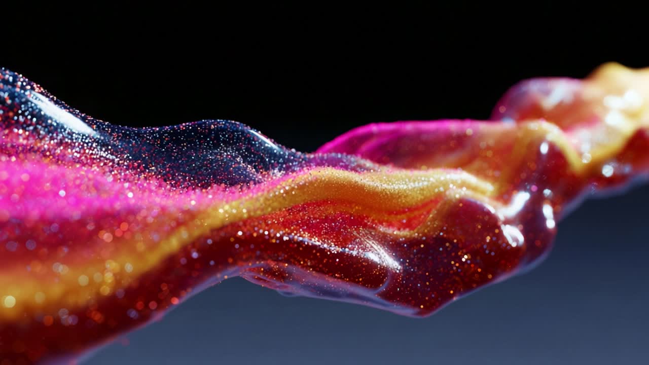 A Vibrant Display of Colorful Liquid Flowing Gracefully, Captured in Stunning Detail with Sparkling Glitter and a Dynamic Blending of Shades to Create a Mesmerizing Visual Experience