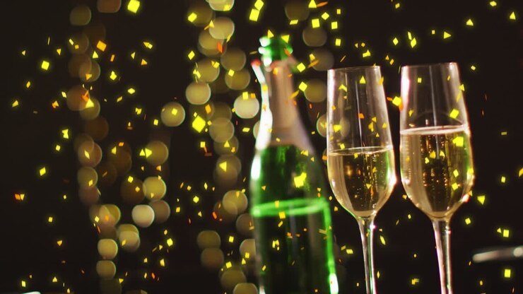 Animazione di coriandoli che cadono su bicchieri e bottiglia di champagne su sfondo nero