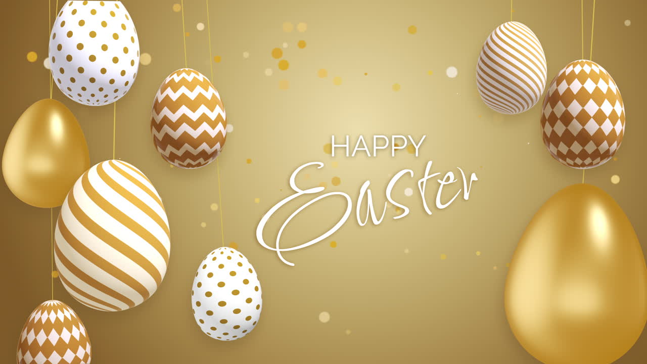 Golden Easter eggs with patterns hang on strings. Shiny gold particles on yellow background. Looped Christian holiday animation Happy Easter.