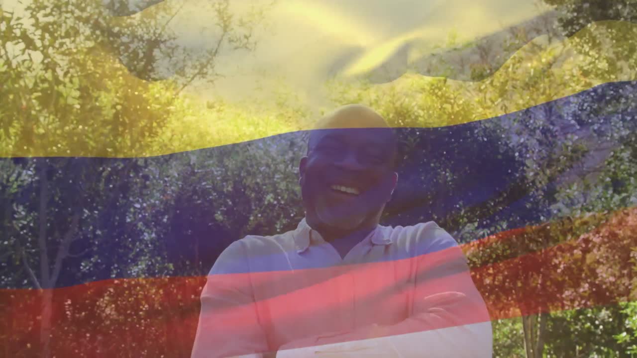 Animação da bandeira da Colômbia sobre homem afro-americano idoso