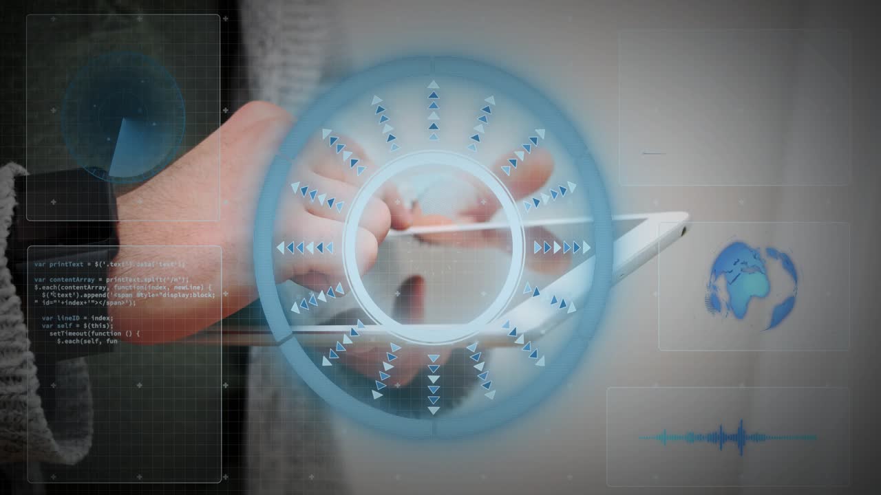 Hands tapping tablet launching HUD and explaining wireless communication using antennas, WiFi icons