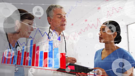 Animation-of-connected-icons,-graphs,-computer-language,-diverse-doctors-discussing-patient-reports