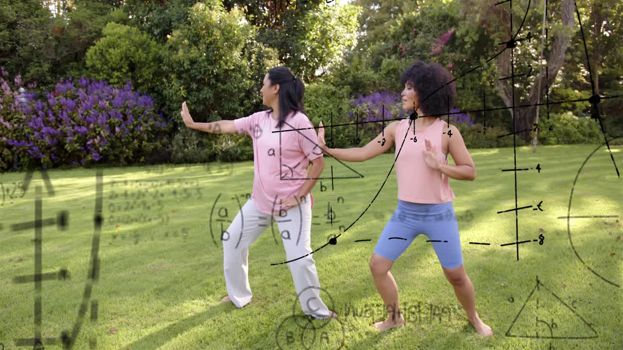 Two women practicing on lawn for wellness, math overlays appearing and mapping to palms and knees