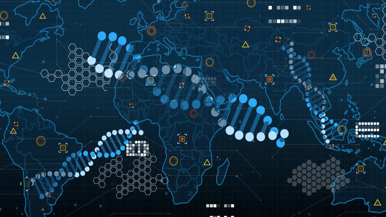Animation of DNA strands and data symbols overlaying map, showing global research