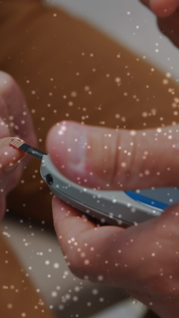 Animation of spinning dna test over patient using glucose meter