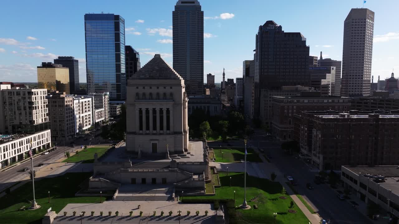 Sliding Drone Shot Above Indiana War Memorial and Museum on Summer Day