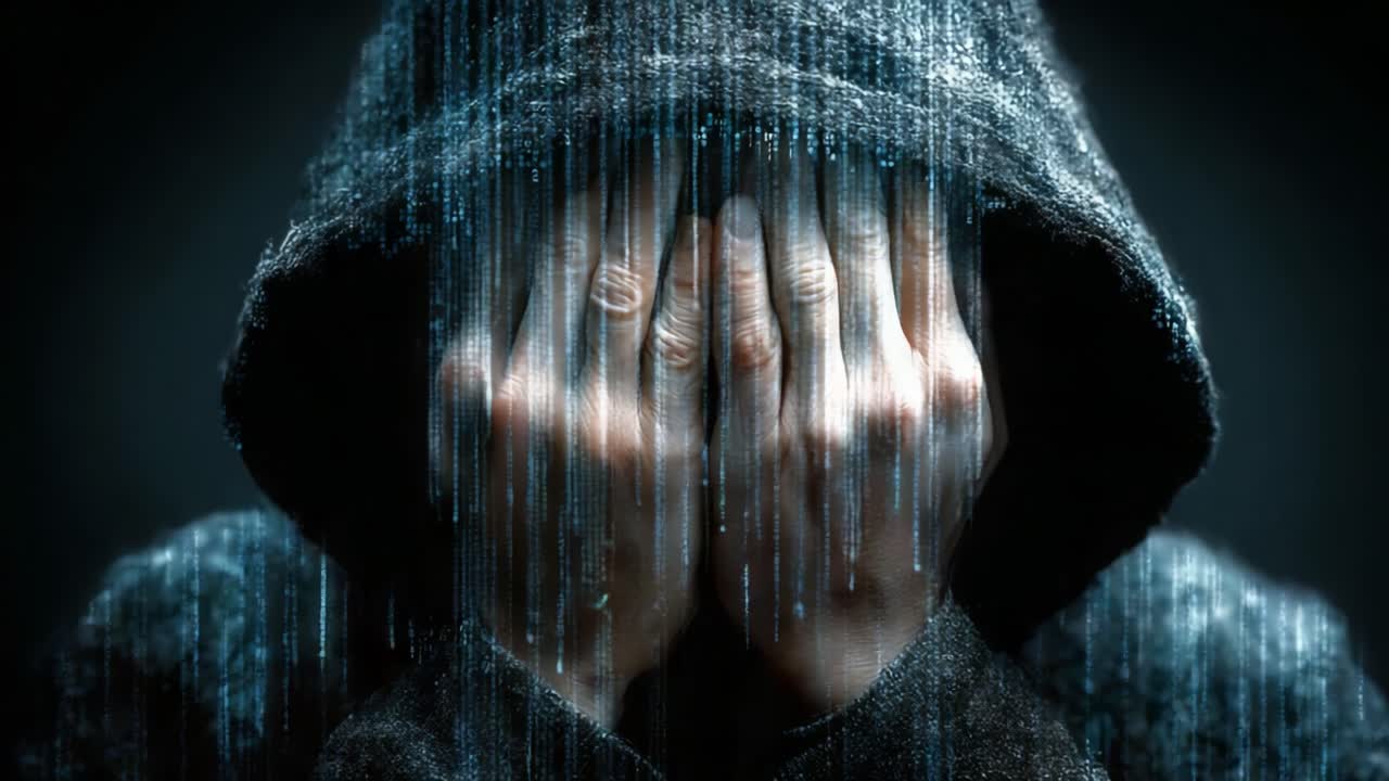 A Mysterious Figure in a Hooded Cloak Hides Their Face Behind Their Hands, Emitting an Aura of Cyber Mystery Amidst Digital Code