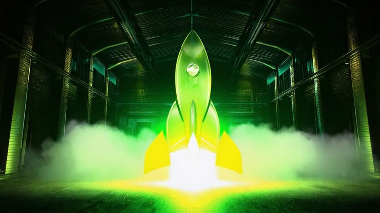Futuristic green rocket ship taking off from inside a dark industrial hangar with bright engine flames and smoke, symbolizing a powerful startup business launch, innovation, and progress