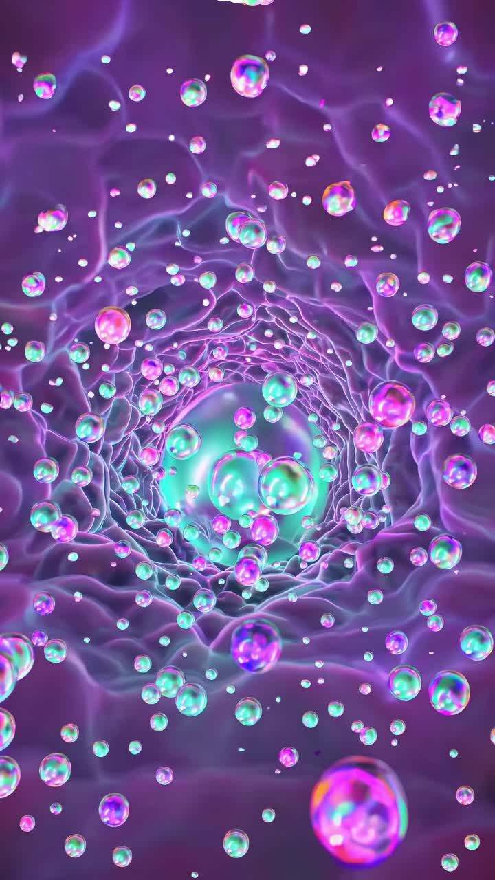 Iridescent bubbles swirling through translucent wavy tunnel, generating ethereal abstract background with dreamlike luminescent movement