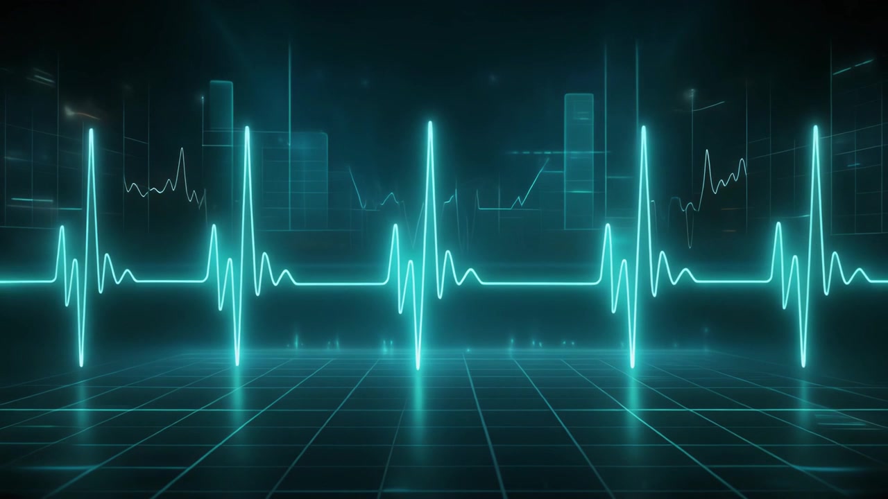Linea ECG luminosa al neon del battito cardiaco su sfondo a griglia digitale