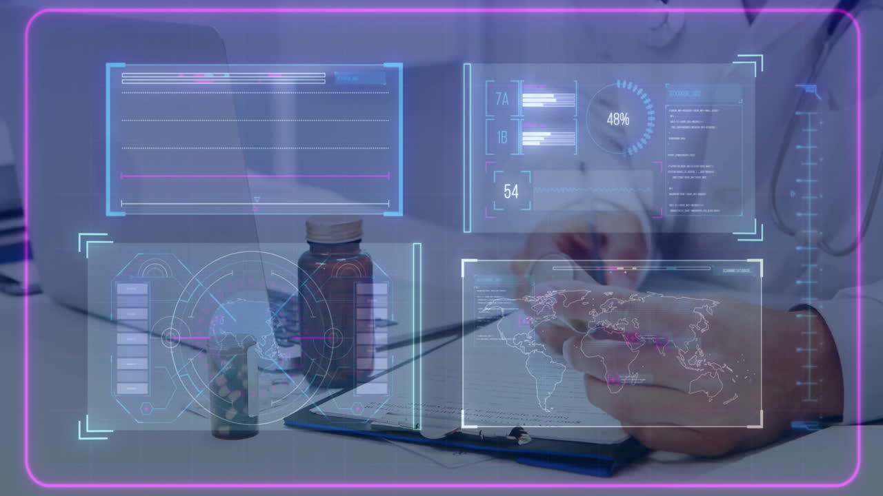 Analyzing digital health charts, medical professional with world map animation overlay