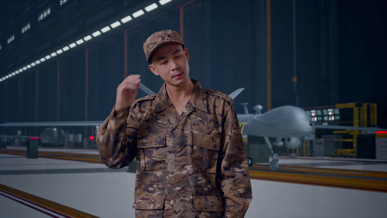 Asian Man Soldier Wiping The Sweat And Being Tired While Standing With Modern Military Drone In Maintenance Hangar